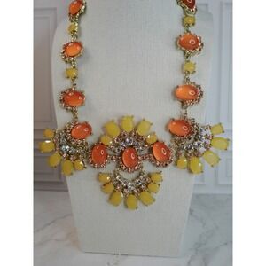 Talbot's Statement Bib Necklace Orange Yellow Gem Rhinestone Gold Tone
